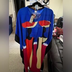 Ace Fashion Blue, Black, Red and Cream Design Dress with Attached Scarf